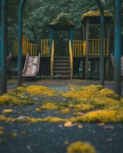 A Playground With A Slide And Some Yellow Grass. Generative AI.