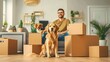 New Beginnings: Family and Pets Among Cardboard Boxes in Their New Home
