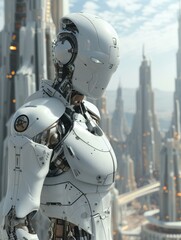 Poster - A robot standing in front of a cityscape with buildings. Generative AI.