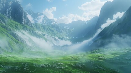 Wall Mural - Serene Easter morning in a misty mountain valley