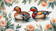 Cute Mandarina Ducks On Water Watercolor Illustration, Pretty Birds Art