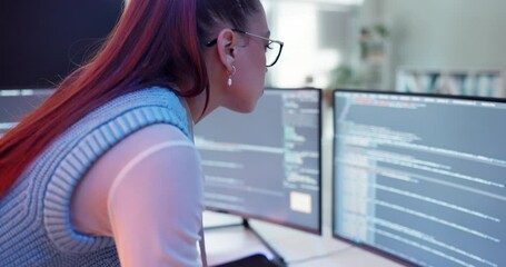 Poster - Woman, computer screen and software development for programming database with cybersecurity, privacy or malware. Female person, technology and online system with coding website, research or password