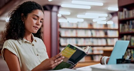 Poster - Woman, reading and studying in library as university student for learning education for project research, knowledge or scholarship. Female person, book and academy campus, literature or assignment