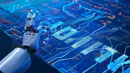 Poster - A robot is touching a computer screen with the word 