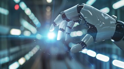 Poster - A robot hand is reaching out to touch a glowing object