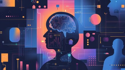 Poster - A colorful drawing of a brain with a man's head in the middle