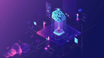 Poster - A computer screen shows a brain with a man and woman standing in front of it