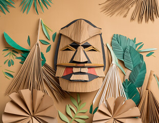 a textural tiki mask is surrounded by brown and green paper palm leaves, flowers in a cut and folded