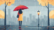 雨の日、雨降る街並みを歩く少女のイラスト