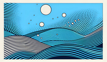 Wall Mural - This artwork features a striking design with bold, radiating lines in various shades of blue, creating a sense of movement and depth. A prominent triangular shape rises from the wavy patterns below, 