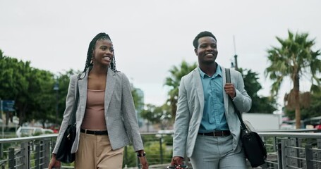 Poster - City, corporate and business people with suitcase for travel, morning commute and work trip. Walking, professional and African man and woman with luggage for global convention, airport and journey