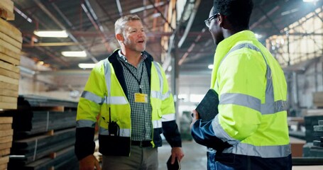 Sticker - Handshake, teamwork and men in discussion in warehouse for construction, logistics and maintenance. Distribution, factory and people shaking hands for thank you, infrastructure and manufacturing