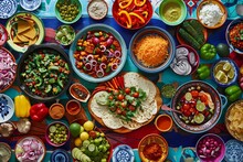 Mexican Food In Colorful Bowls On Blue Background. Top View. Ai Generated.