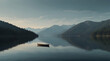 A solitary boat floating on a calm mountain lake creating a tranquil and minimalist scene with reflections on the water.generative.ai