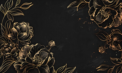 Wall Mural - a golden line art of peonies on the left side against a black background,generative ai