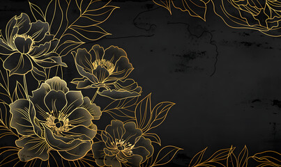 Wall Mural - a golden line art of peonies on the left side against a black background,generative ai