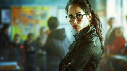 Wall Mural - A confident young woman wearing glasses and a leather jacket stands poised in an urban setting.