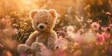 Cute Teddy Bear Sitting In The Garden Of Flowers, Generative AI