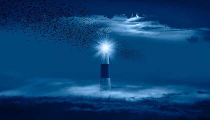 Fototapete - Flock of starlings migrating to the moon with lighthouse 