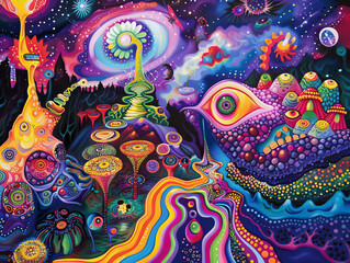  A colorful painting of a fantastical world with a giant eye in the center