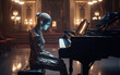 Piano and music. A lovely humanoid cyborg woman playing the piano. Humanoid scientific art in operation.