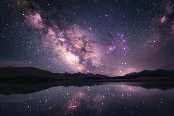 Milky Way Galaxy Arching Over a Serene Landscape, With Distant Mountains and a Tranquil Lake Reflecting the Starry Night Sky, Generative AI