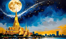 Acrylic Painting  Golden Spires Rise Majestically Against The Clear Blue Sky Of Sparkling Impasto Oil Pain Color Thai Bangkok City With Super Moon Spilling Paints Of Various Colors