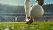 Close up of a soccer striker ready to kicks the fiery ball at the stadium
