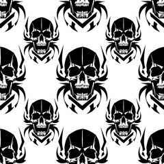 Wall Mural - seamless symmetrical pattern of black human skulls on a white background, texture, design