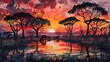Vibrant Watercolor Savannah Sunset with Silhouetted Acacia Trees and Wildlife Drinking at Watering Hole