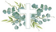 Christian cross with green leaves. Watercolor illustration for Easter, Baptism, Christening, invitations, cards, packaging.