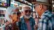 © kittikunfoto - Three elderly people enjoying a lively conversation, wearing stylish sunglasses and casual clothing, radiating happiness and togetherness.