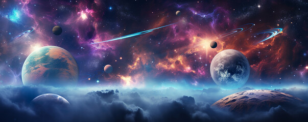 space scene with planets, stars and galaxies. panorama