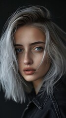 Wall Mural - fashion hairstyle portrait - a young woman with dark and light silver abmre hair and a short cut