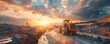 © ЮРИЙ ПОЗДНИКОВ - Orange grader working on road construction at sunset with beautiful sky background, backhoe in view