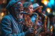 Senior African American Man Playing Saxophone with Jazz Band at Night Festival