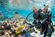 Curious Cat Explores Vibrant Underwater World with Scuba Gear Encountering Stingrays Turtles and Colorful Fish in a Sunlit Marine Ecosystem