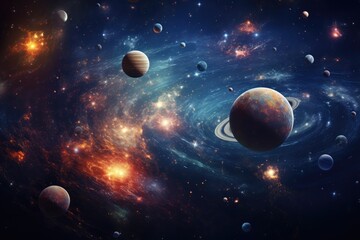 A display of various celestial bodies in a galaxy, Nebula and galaxies in space. Abstract cosmos background, AI generated