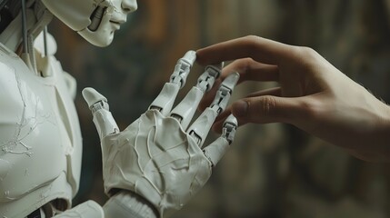 Aufkleber - Human and Robot Hand Interaction. Close-up, Technology and Humanity Concept. Synthetic and Real Skin Contrast in Soft Light. Futuristic Robotic Touch. AI