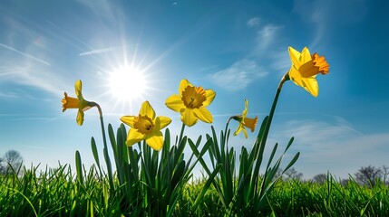 Canvas Print - Bright Spring Day with Vibrant Yellow Daffodils against Blue Sky, Sun Shining with Flare. Perfect for Backgrounds. AI