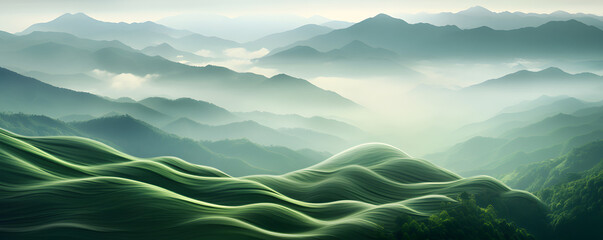 Wall Mural - Aesthetic green nature landscape wallpaper background illustration banner, hills and valleys in a morning fog	