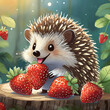 딸기를 먹고 있는 귀여운 아기 고슴도치