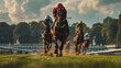 Race horses with jockeys on the way of home straight, Ai generated