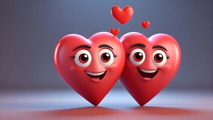 Wall Mural - Red heart-shaped emoji emoticon character. two-dimensional animated hearts with emotions and a heart emoji are rendered in 3D along with a cute face. The Day of Lovers' Icon. 