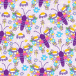 Seamless pattern of cute butterflies flower wing on purple pastel background.Spring.Nature.Floral.Animal character cartoon design.Image for card,poster,wedding.Kawaii.Vector.Butterfly.Illustration.
