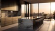 Sunlight dancing on polished marble surfaces and reflecting off glossy cabinets in a sophisticated modern kitchen setting