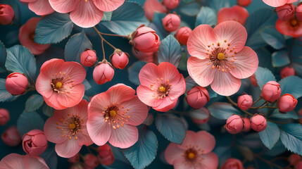 Sticker - Spring flowers on blush background berries leaf floral pattern.