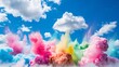 Colorful smoke plumes rising against a blue sky, creating a whimsical and artistic backdrop.