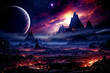 Sci-fi alien planet in deep space large moon in sky, purple blue orange extraterrestrial landscape