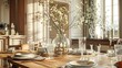 A bright and airy dining room with a large wooden table set with fine china and silverware, complemented by a tall glass vase filled with branches of cherry blossoms,
